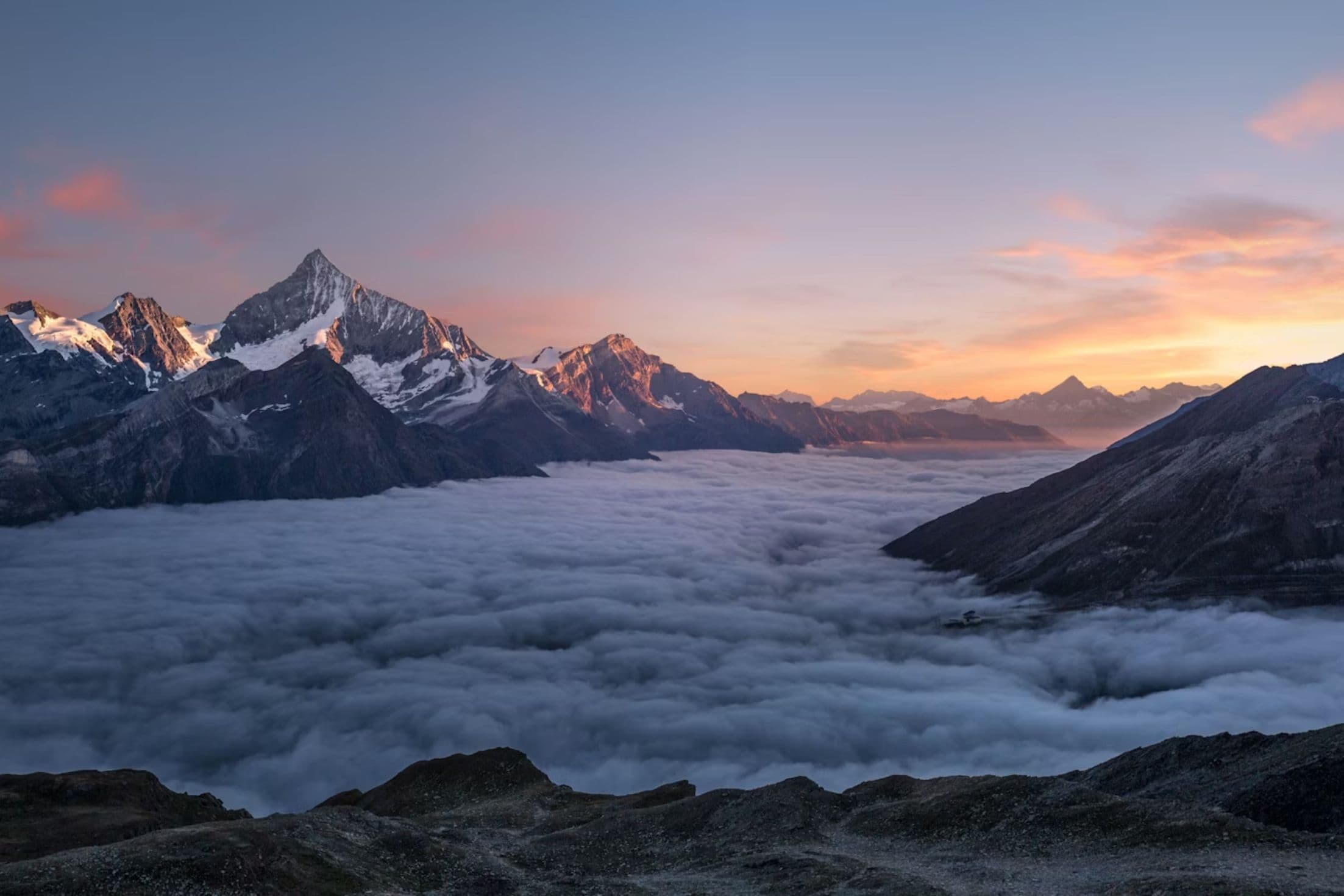 Aerial photo of foggy mountains